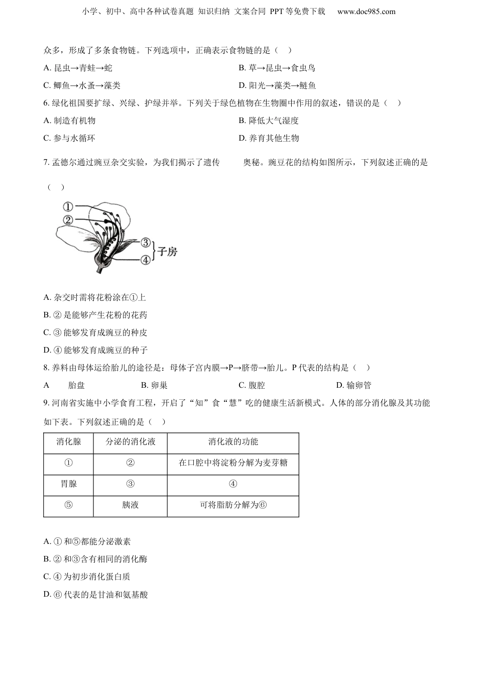 2024年河南省中考生物真题（空白卷）.docx