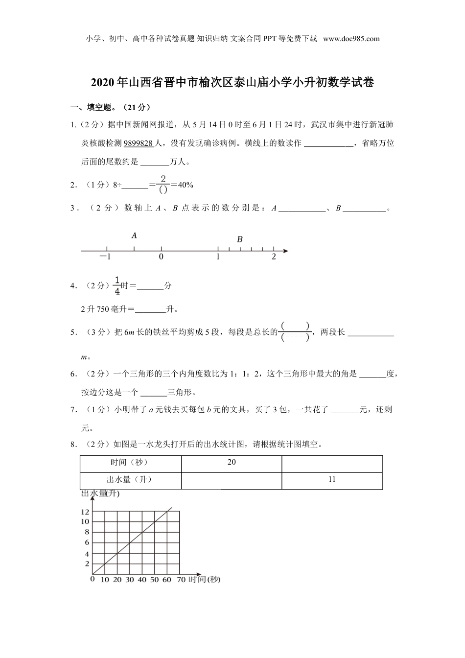 2020年山西省晋中市榆次区泰山庙小学小升初数学试卷.doc