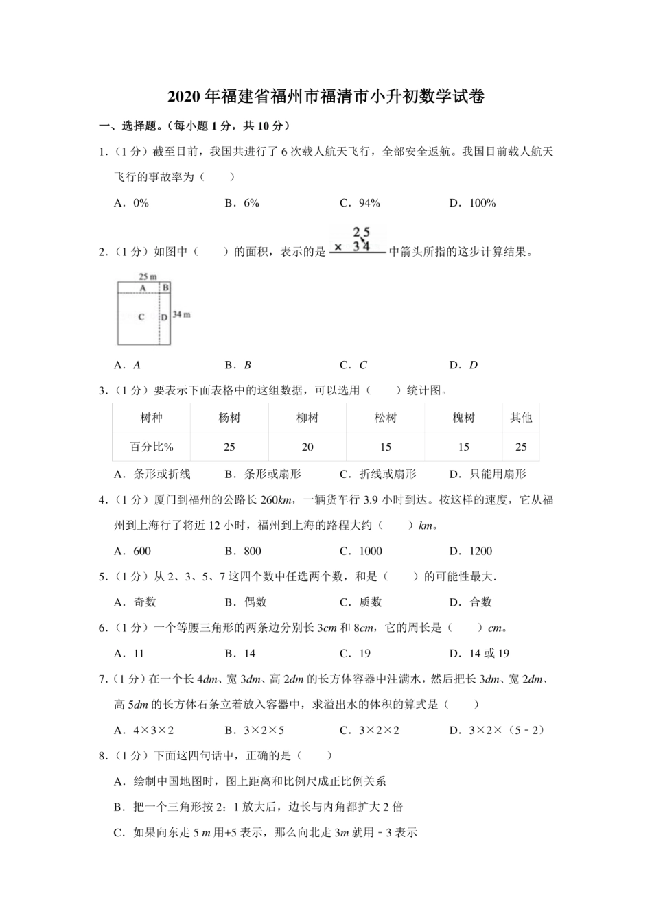 2020年福建省福州市福清市小升初数学试卷(学生版+解析版).pdf