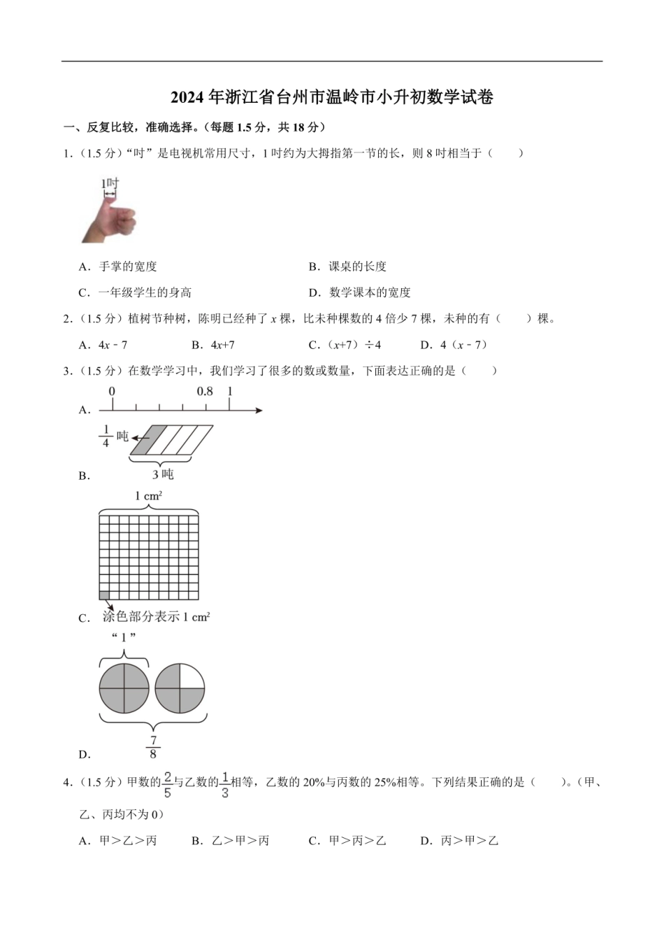2024年浙江省台州市温岭市小升初数学试卷（含答案解析）.pdf