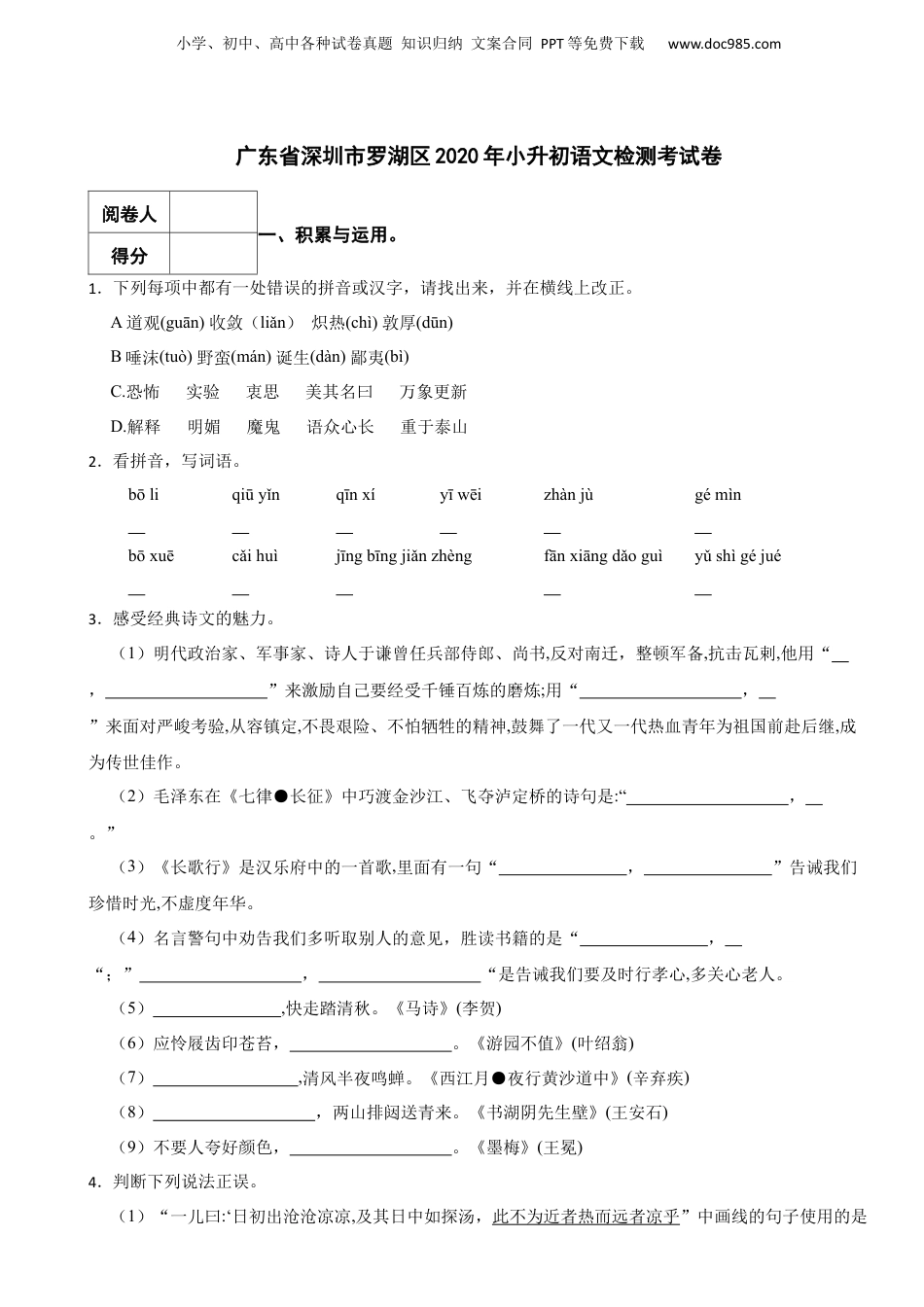 2020年广东省深圳市罗湖区小升初语文检测考试卷 含解析.docx