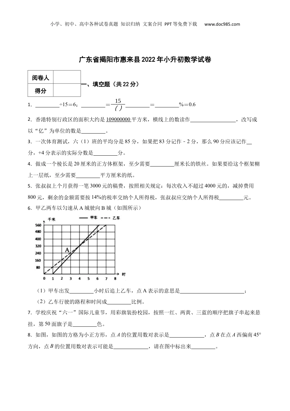 2022年广东省揭阳市惠来县小升初数学试卷 含解析.docx