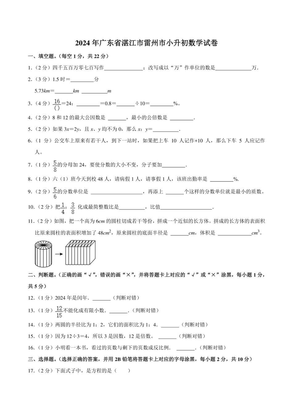 2024年广东省湛江市雷州市小升初数学试卷.pdf