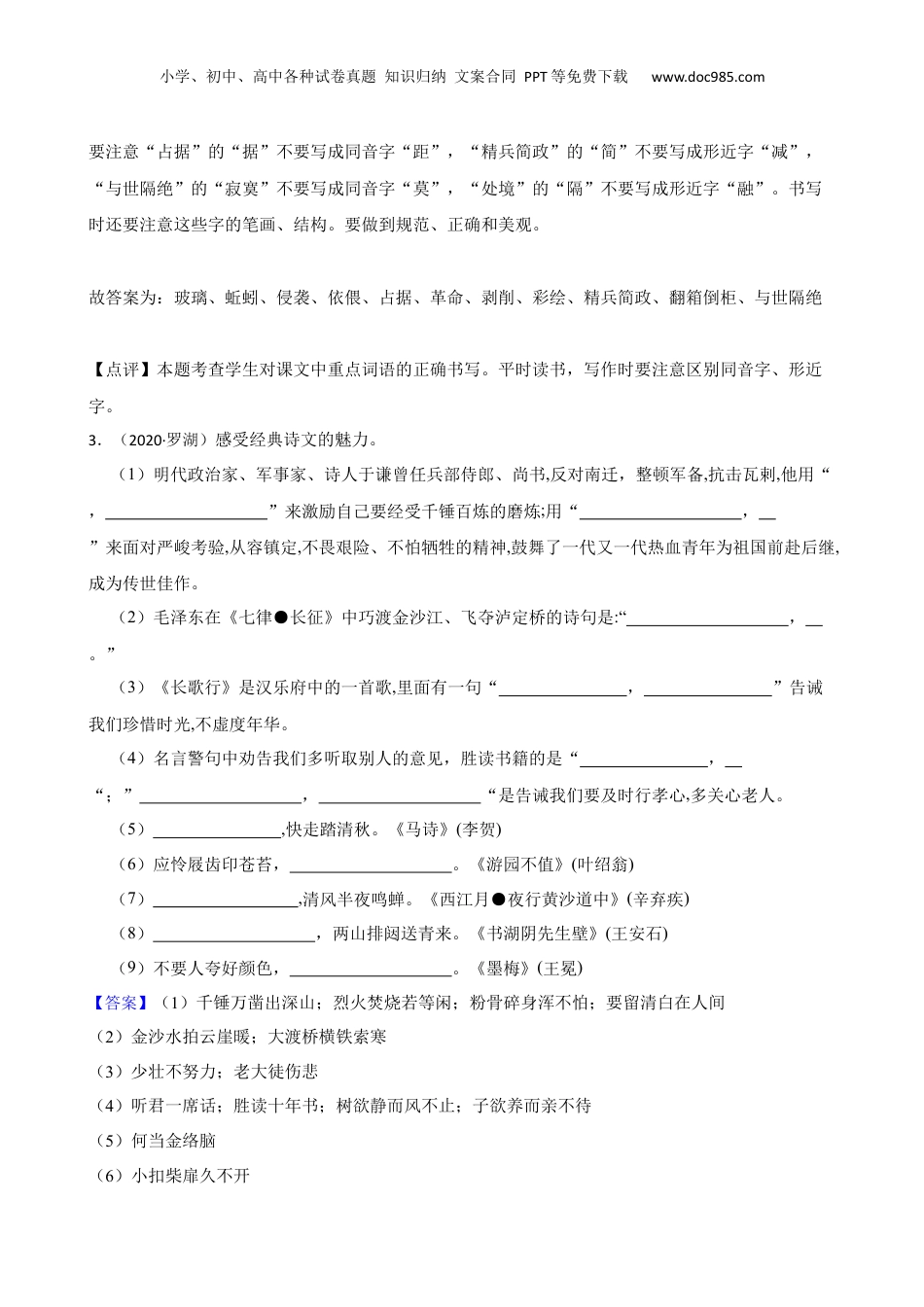 广东省深圳市罗湖区2020年小升初语文检测考试卷(教师版).docx