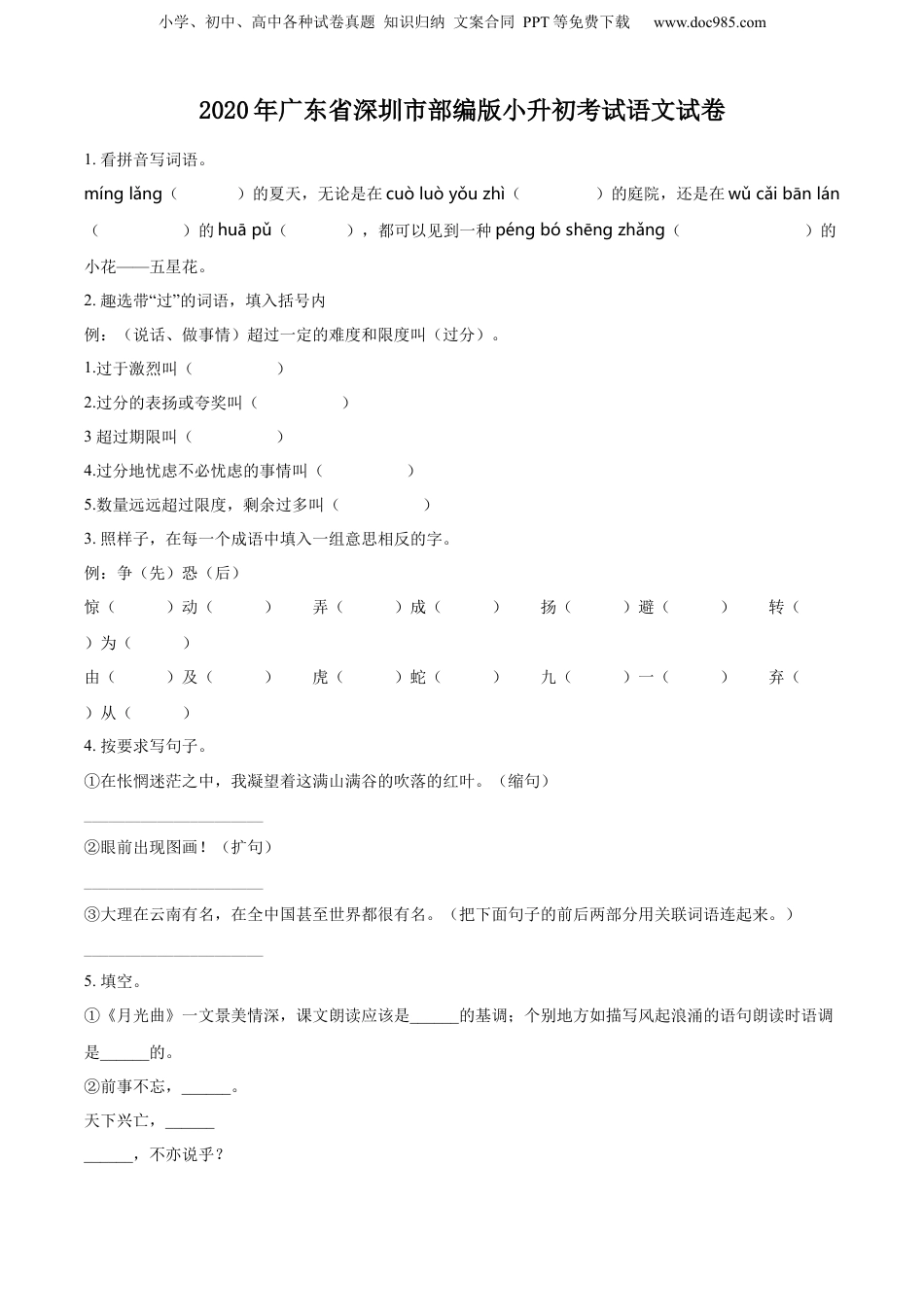 精品解析：2020年广东省深圳市部编版小升初考试语文试卷（原卷版）.docx