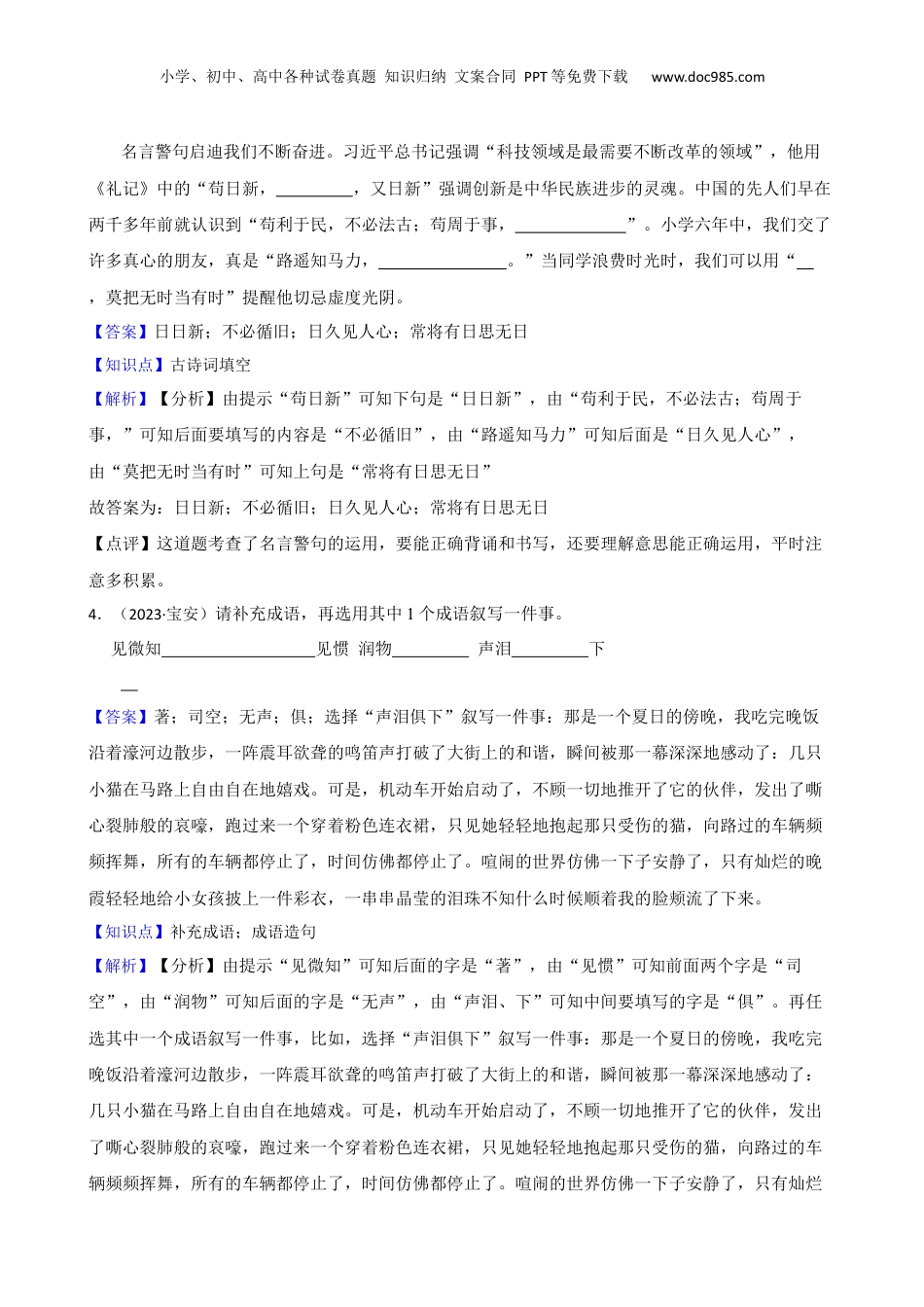 广东省深圳市宝安区2023年小升初语文试卷(教师版).docx