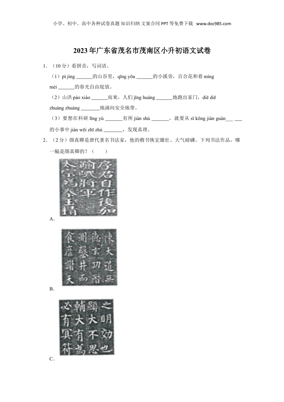 2023年广东省茂名市茂南区小升初语文试卷（有解析）.doc
