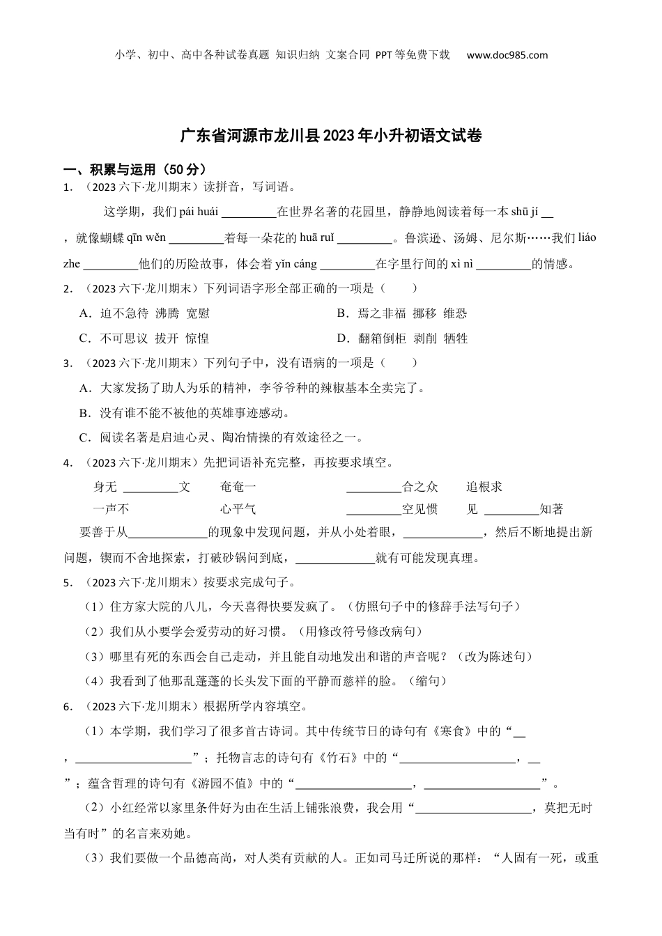 广东省河源市龙川县2023年小升初语文试卷(学生版).docx