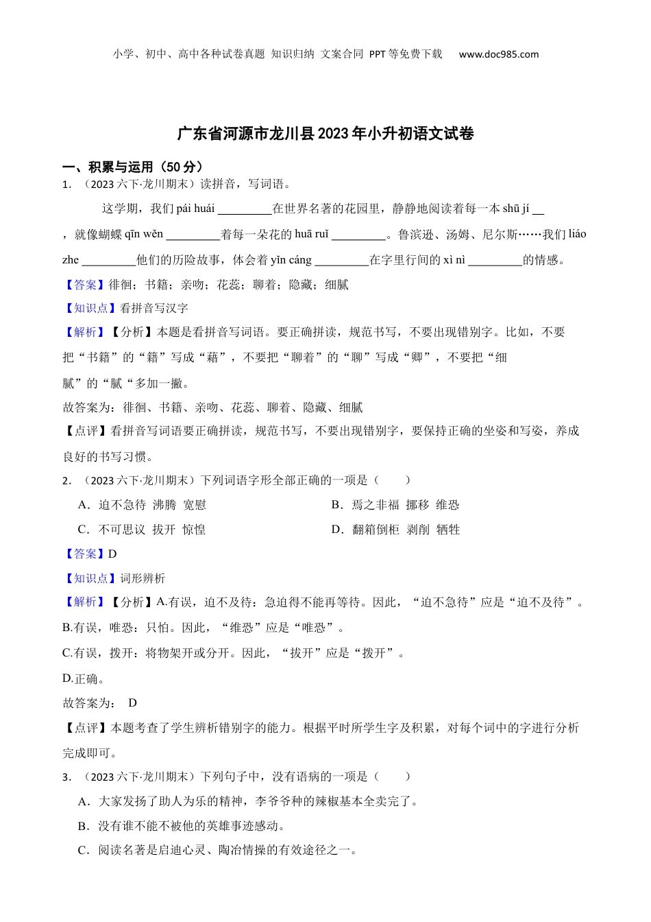 广东省河源市龙川县2023年小升初语文试卷(教师版).docx
