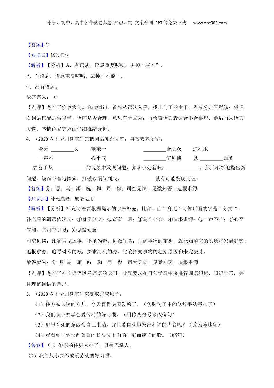 广东省河源市龙川县2023年小升初语文试卷(教师版).docx