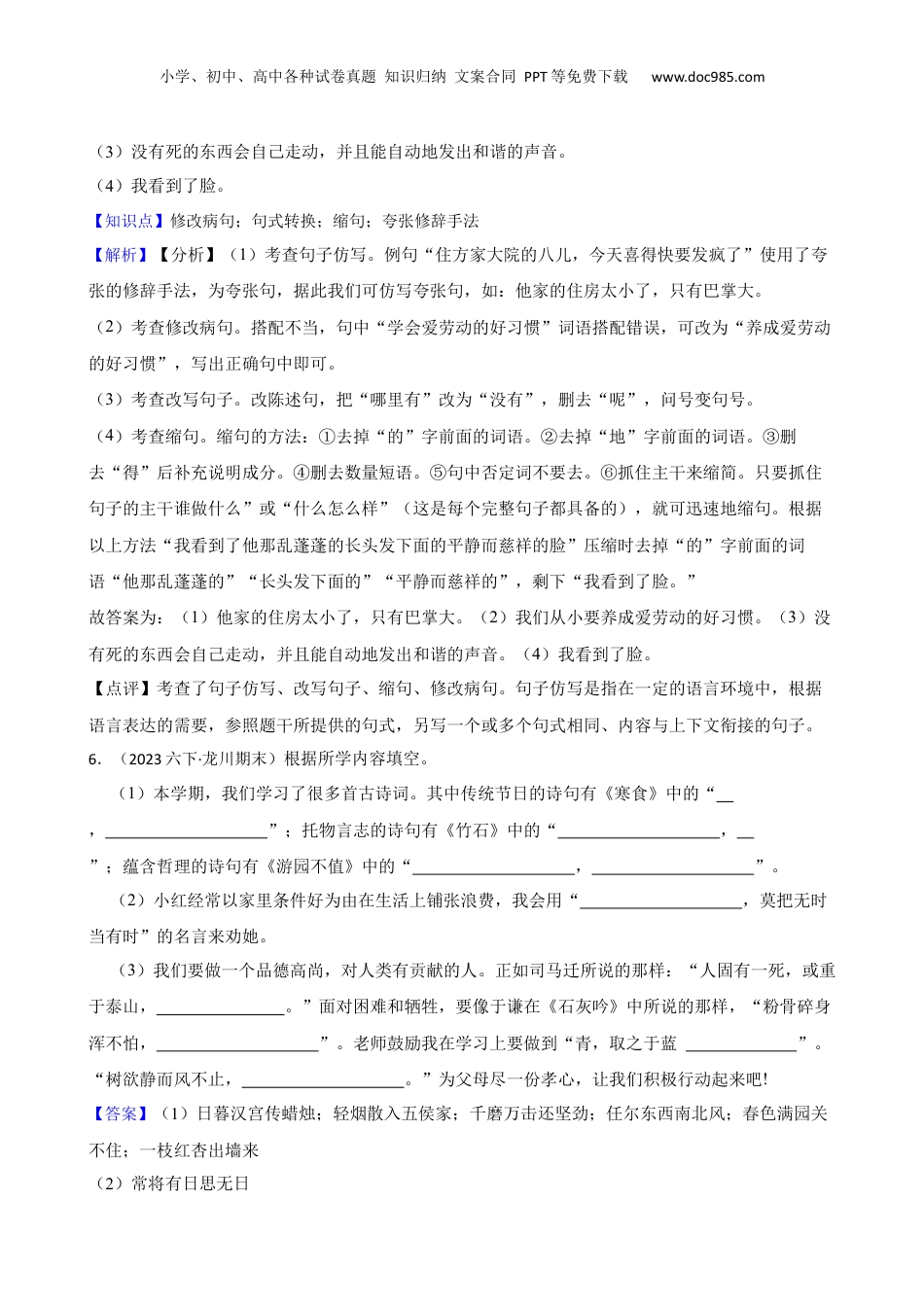 广东省河源市龙川县2023年小升初语文试卷(教师版).docx