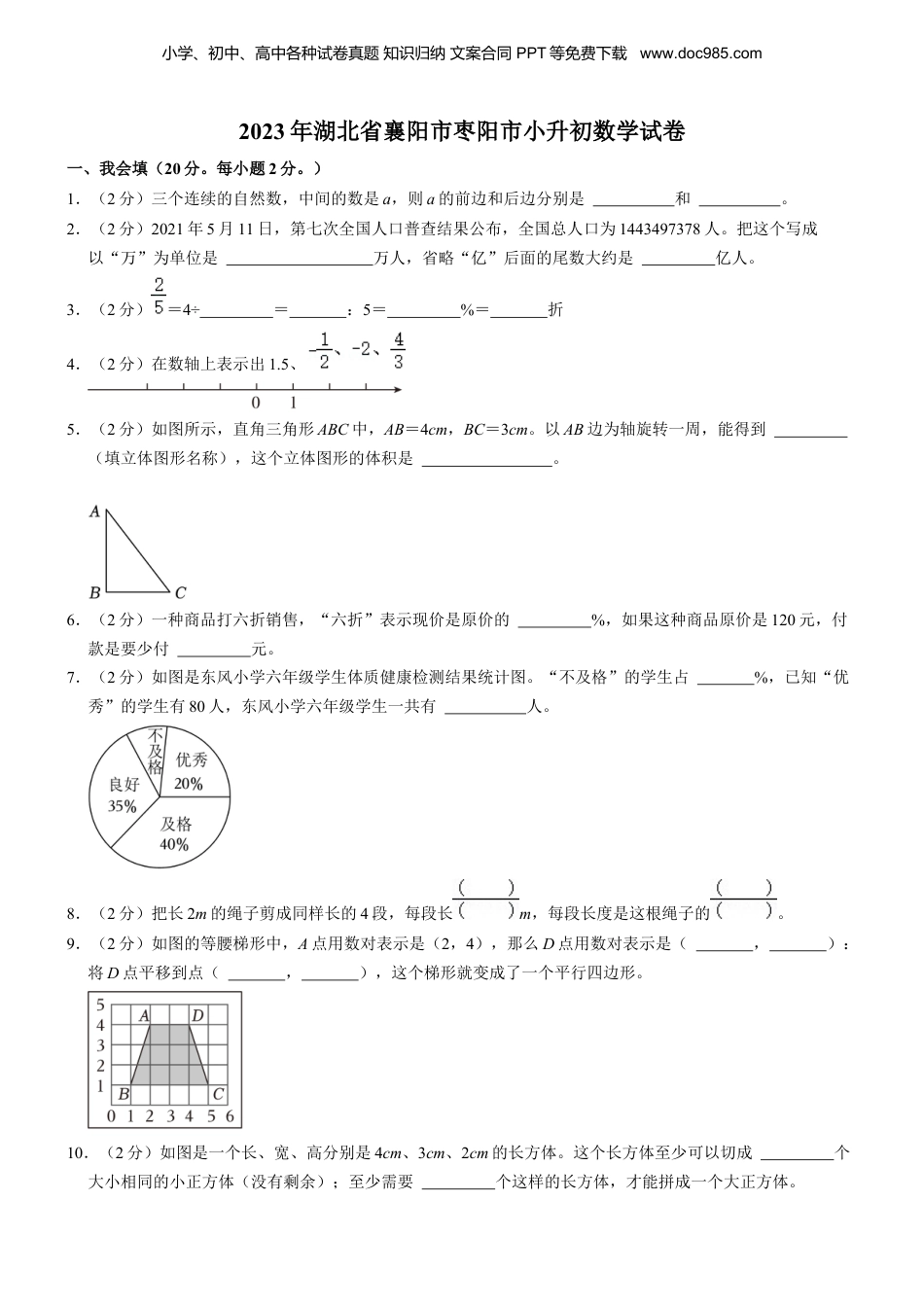 2023年湖北省襄阳市枣阳市小升初数学试卷 解析版.docx