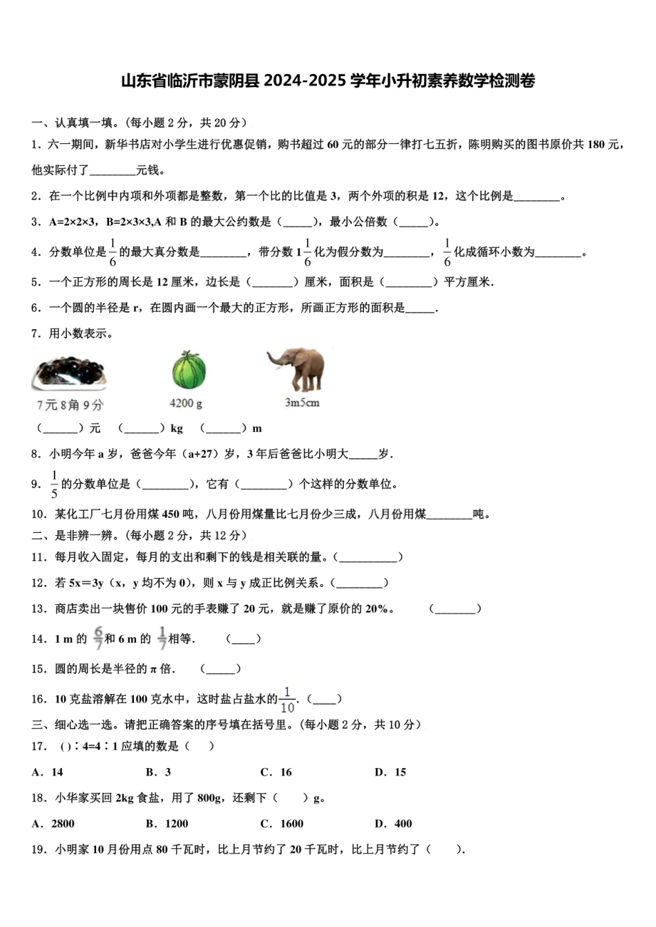 2024年山东省临沂市蒙阴县小升初素养数学检测卷含解析.pdf