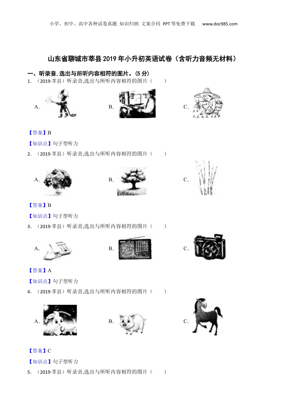 山东省聊城市莘县2019年小升初英语试卷（含听力音频无材料）(教师版).docx