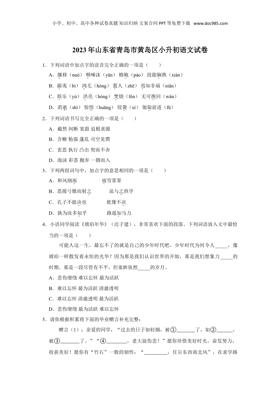2023年山东省青岛市黄岛区小升初语文试卷（含答案）.doc