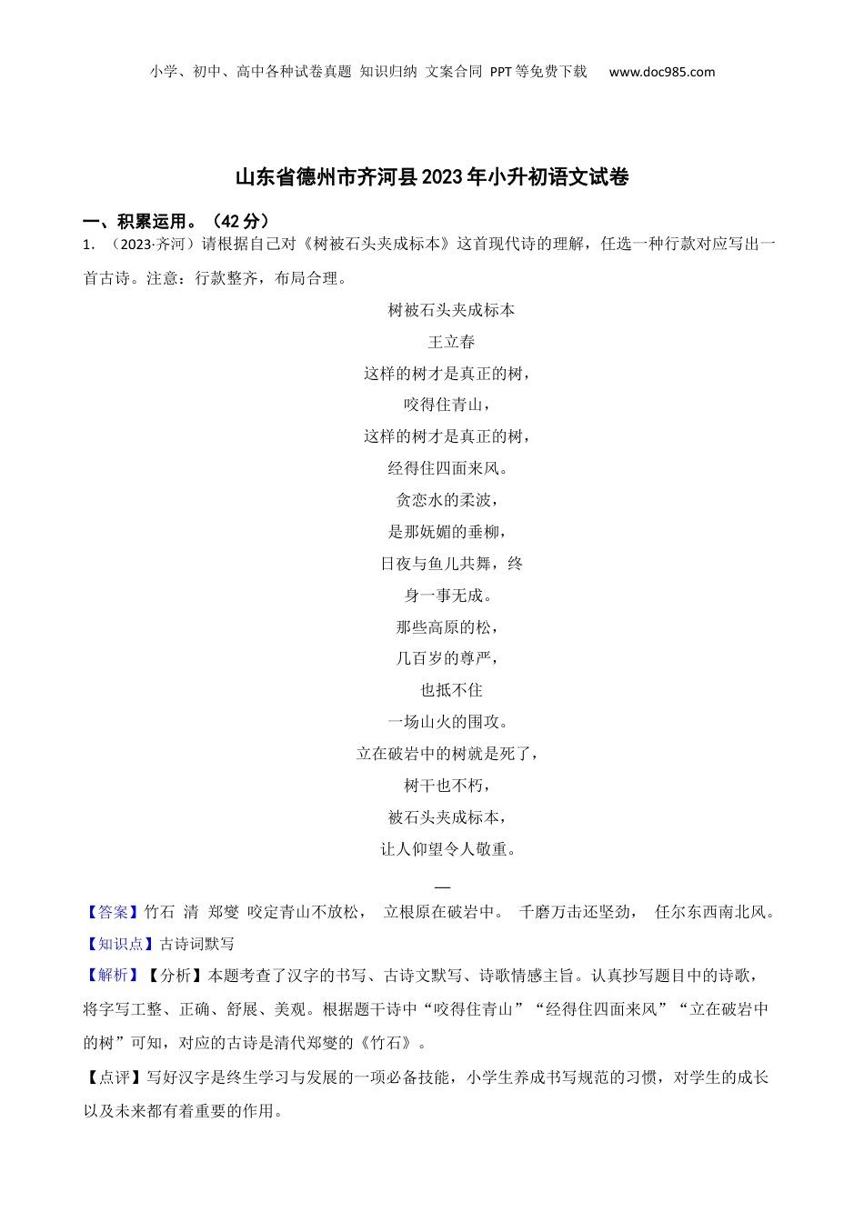 山东省德州市齐河县2023年小升初语文试卷(教师版).docx