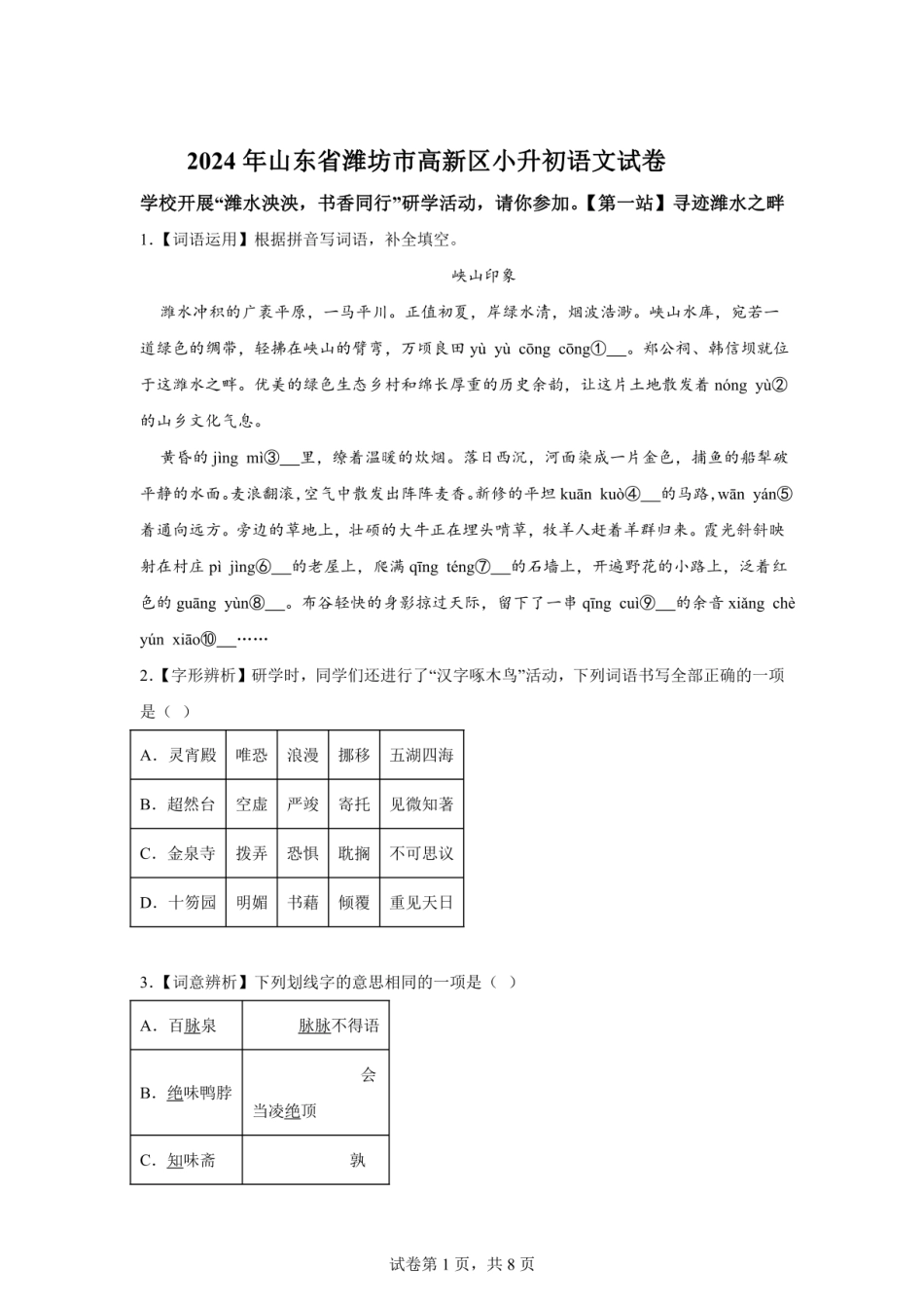 2024年山东省潍坊市高新区小升初语文试卷（含答案）.pdf
