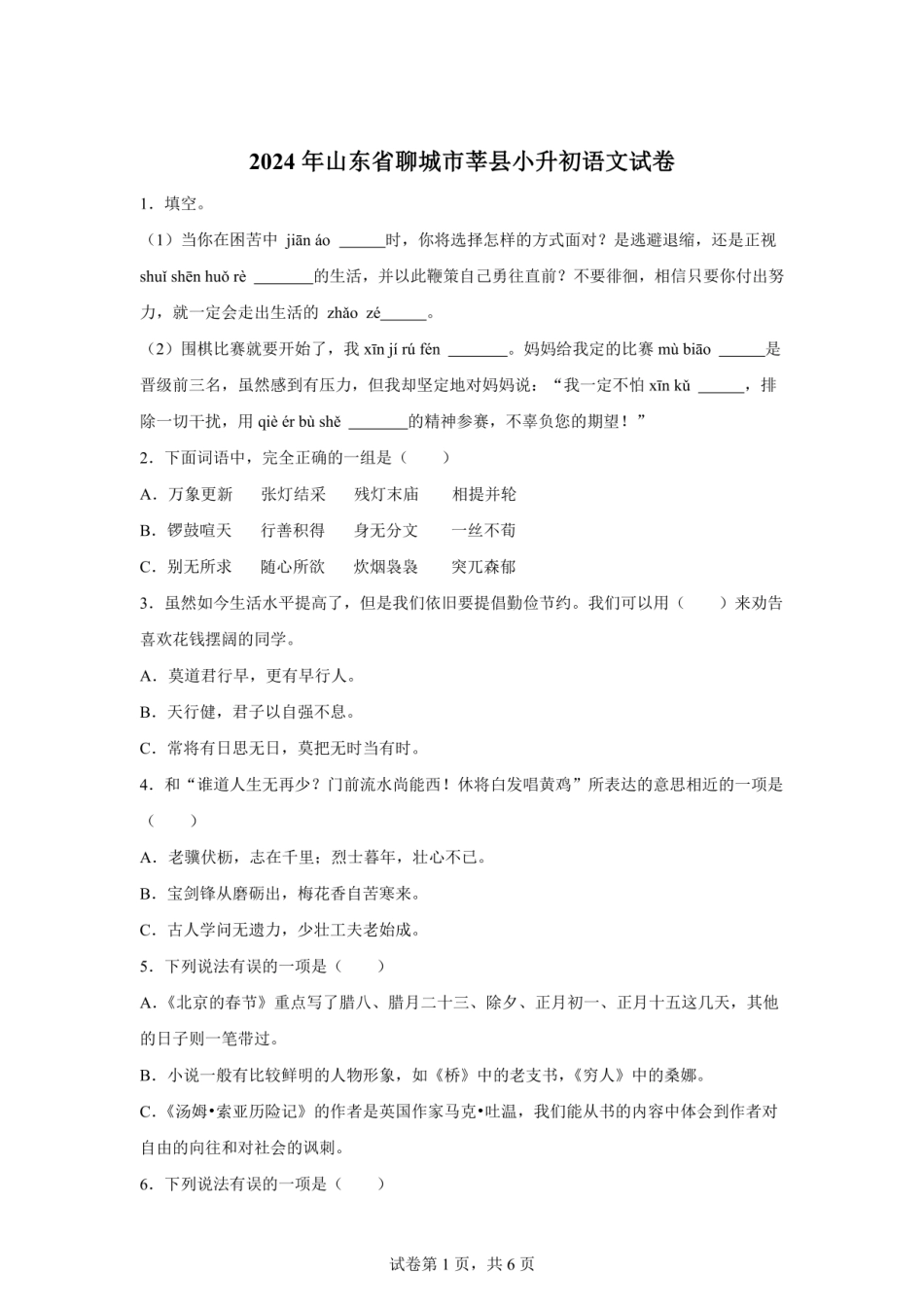 2024年山东省聊城市莘县统编版小升初考试语文试卷[含答案].pdf