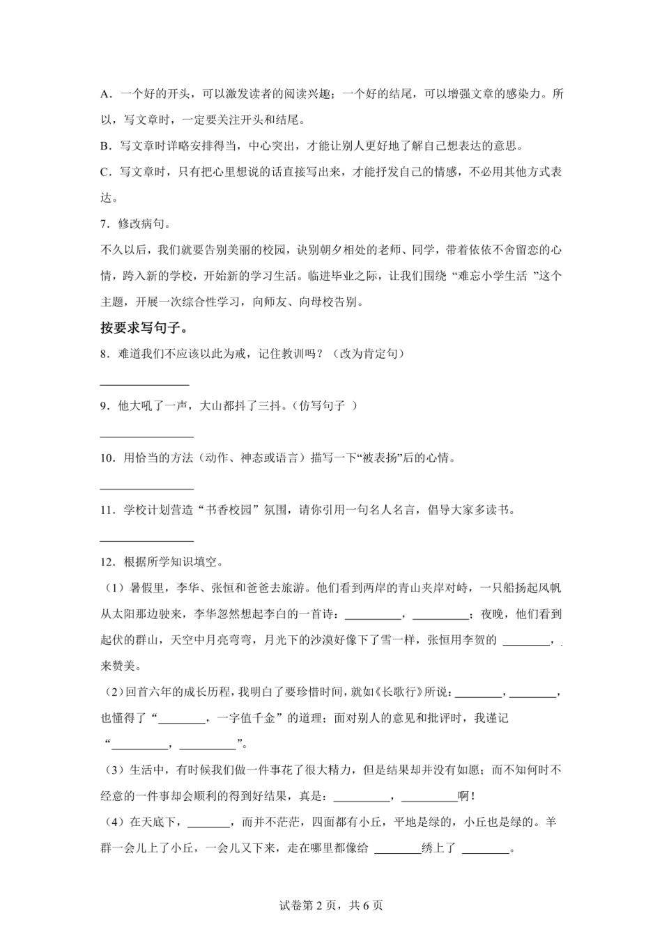 2024年山东省聊城市莘县统编版小升初考试语文试卷[含答案].pdf