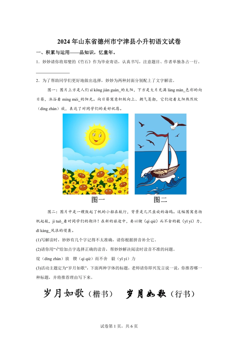 2024年山东省德州市宁津县小升初语文试卷（含答案）.pdf