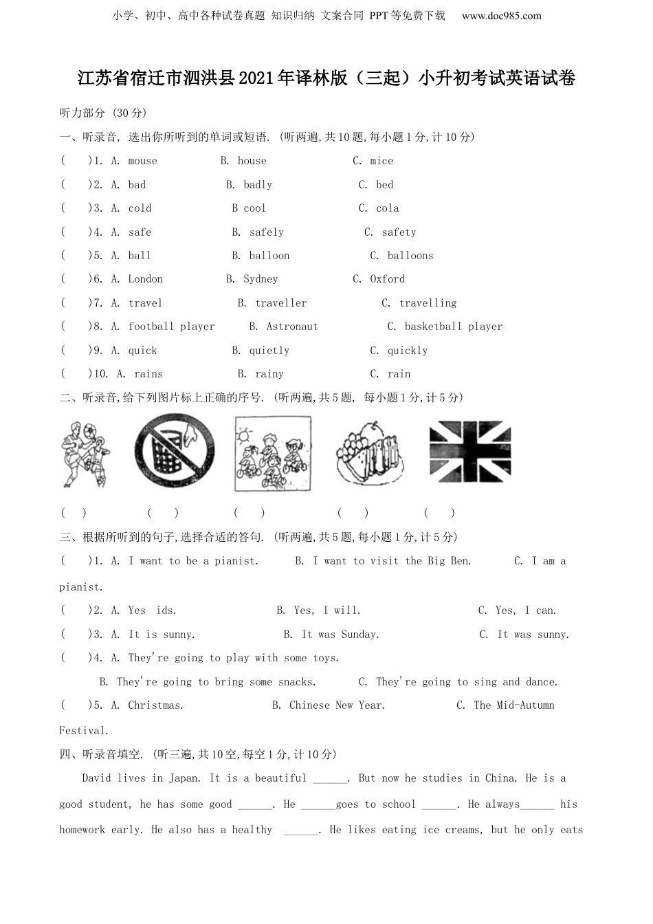 精品解析：江苏省宿迁市泗洪县2021年译林版（三起）小升初考试英语试卷（原卷版）.docx