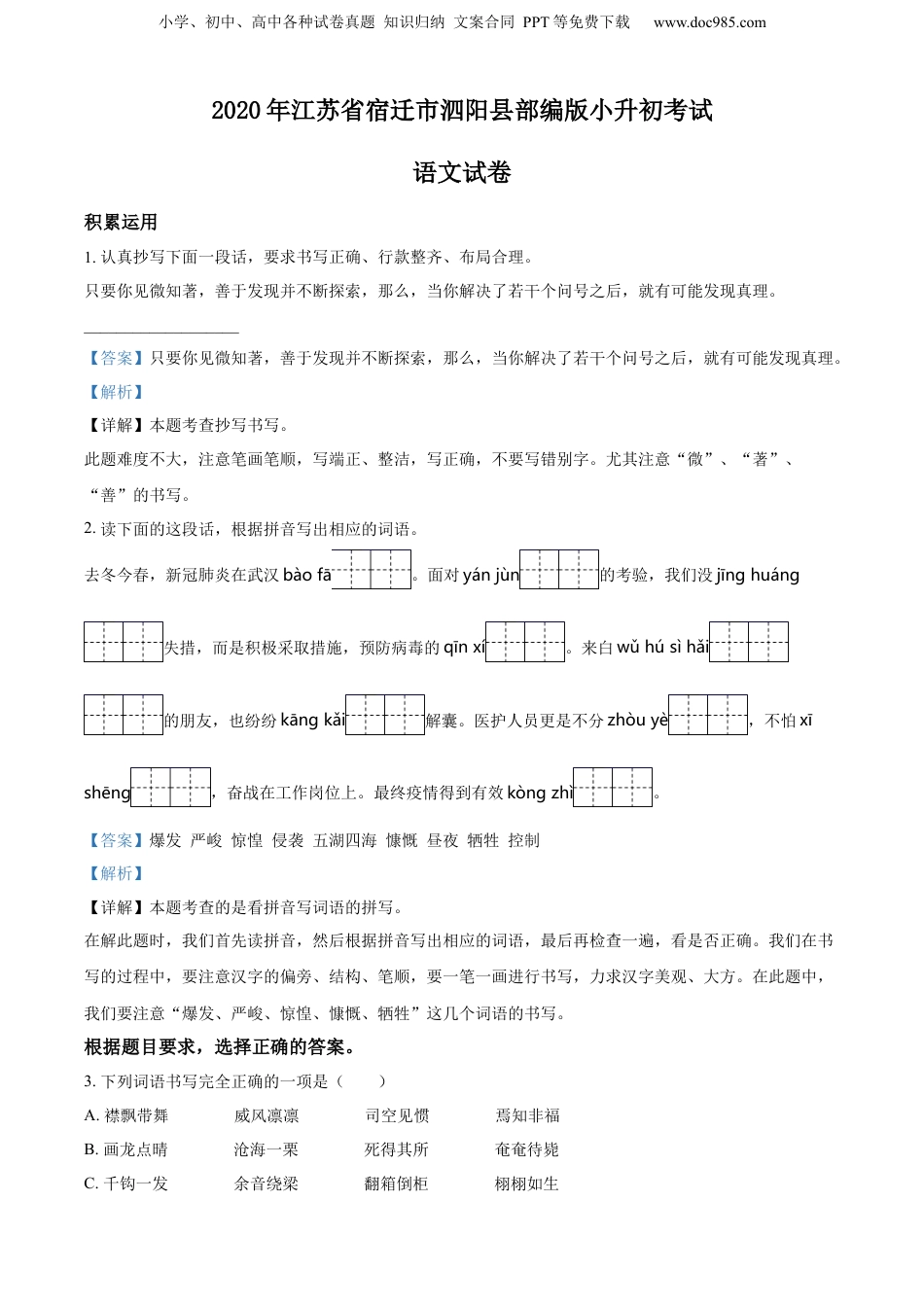 精品解析：江苏省宿迁市泗阳县2020年部编版小升初考试语文试卷（解析版）.docx