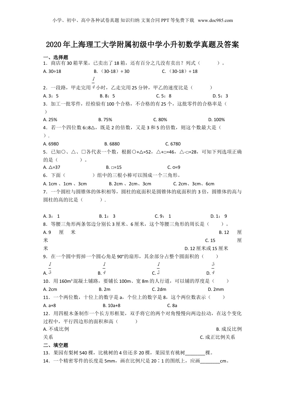 2020年上海理工大学附属初级中学小升初数学真题及答案.doc