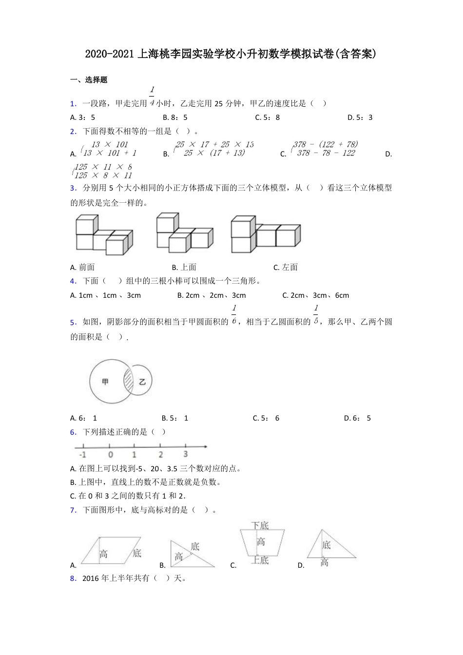 2021年上海桃李园实验学校小升初数学模拟试卷(含答案).pdf