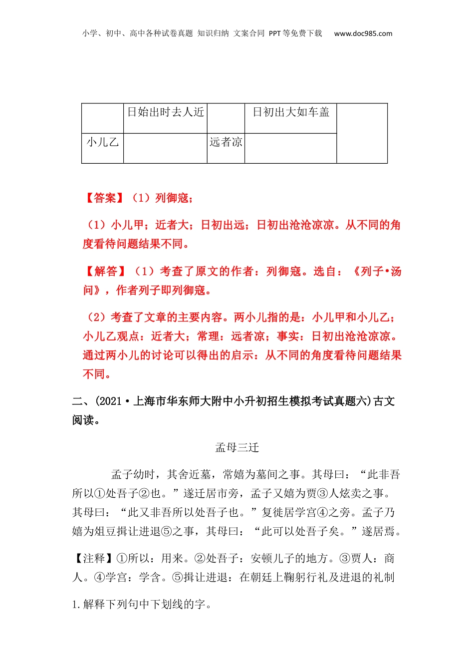 2019-2021年上海市小升初语文真题汇编 专题 11古文阅读（解析版）.docx