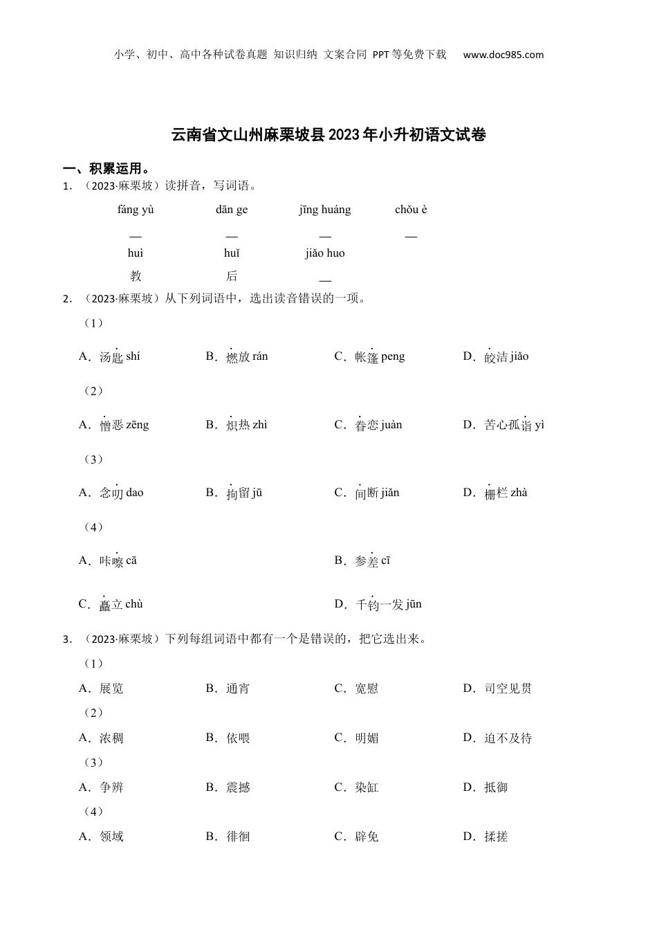 云南省文山州麻栗坡县2023年小升初语文试卷(学生版).docx