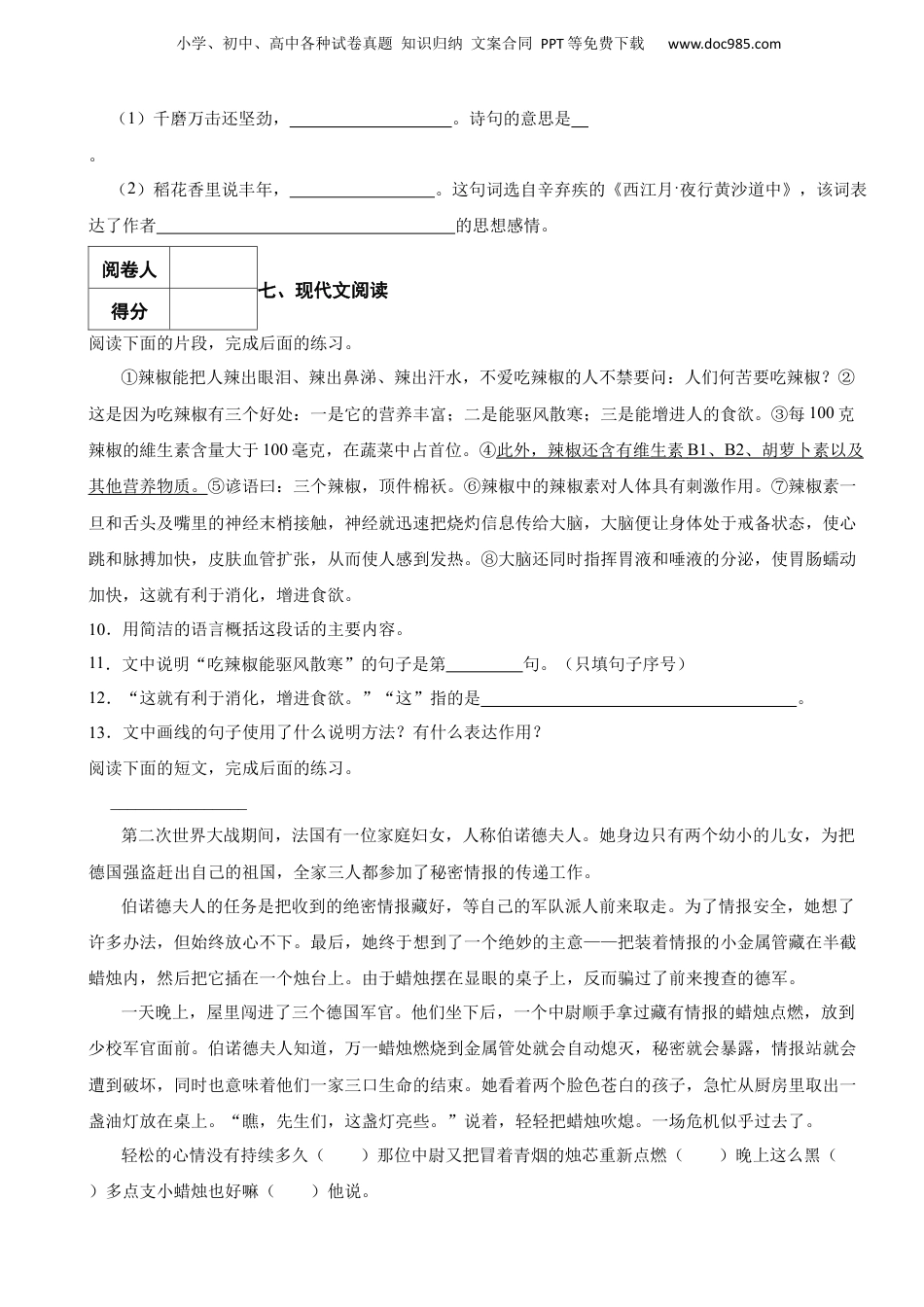 2020年重庆市永川区小升初语文考试试卷.docx