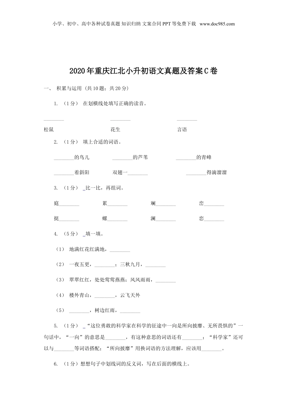 2020年重庆江北小升初语文真题及答案C卷.doc