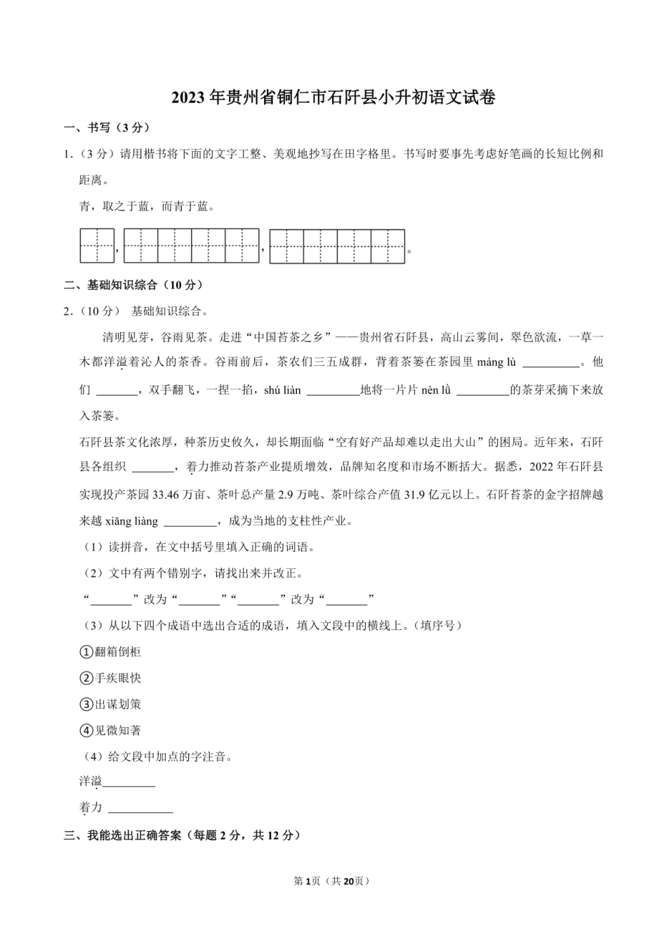 2023年贵州省铜仁市石阡县小升初语文试卷附答案解析.pdf