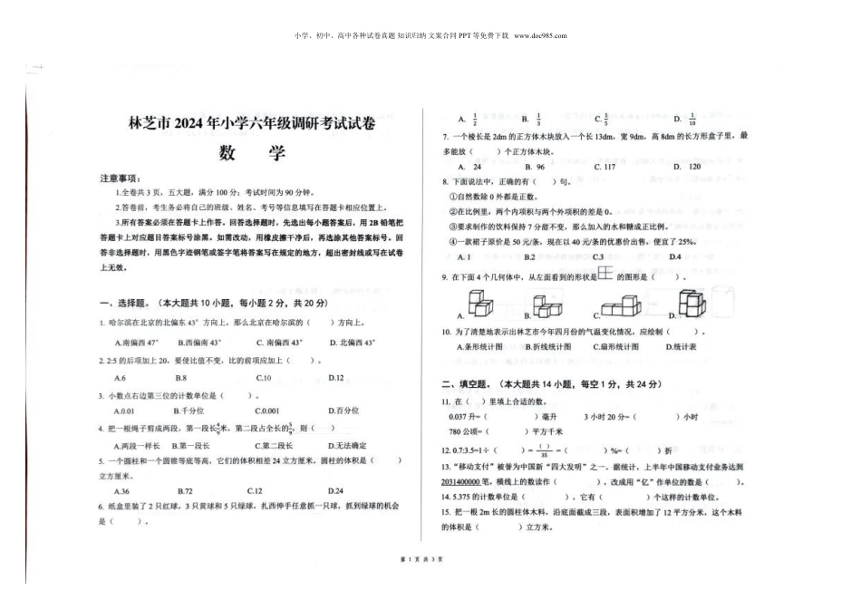 2024年西藏林芝市小学六年级调研数学试卷（图片版，无答案）.doc