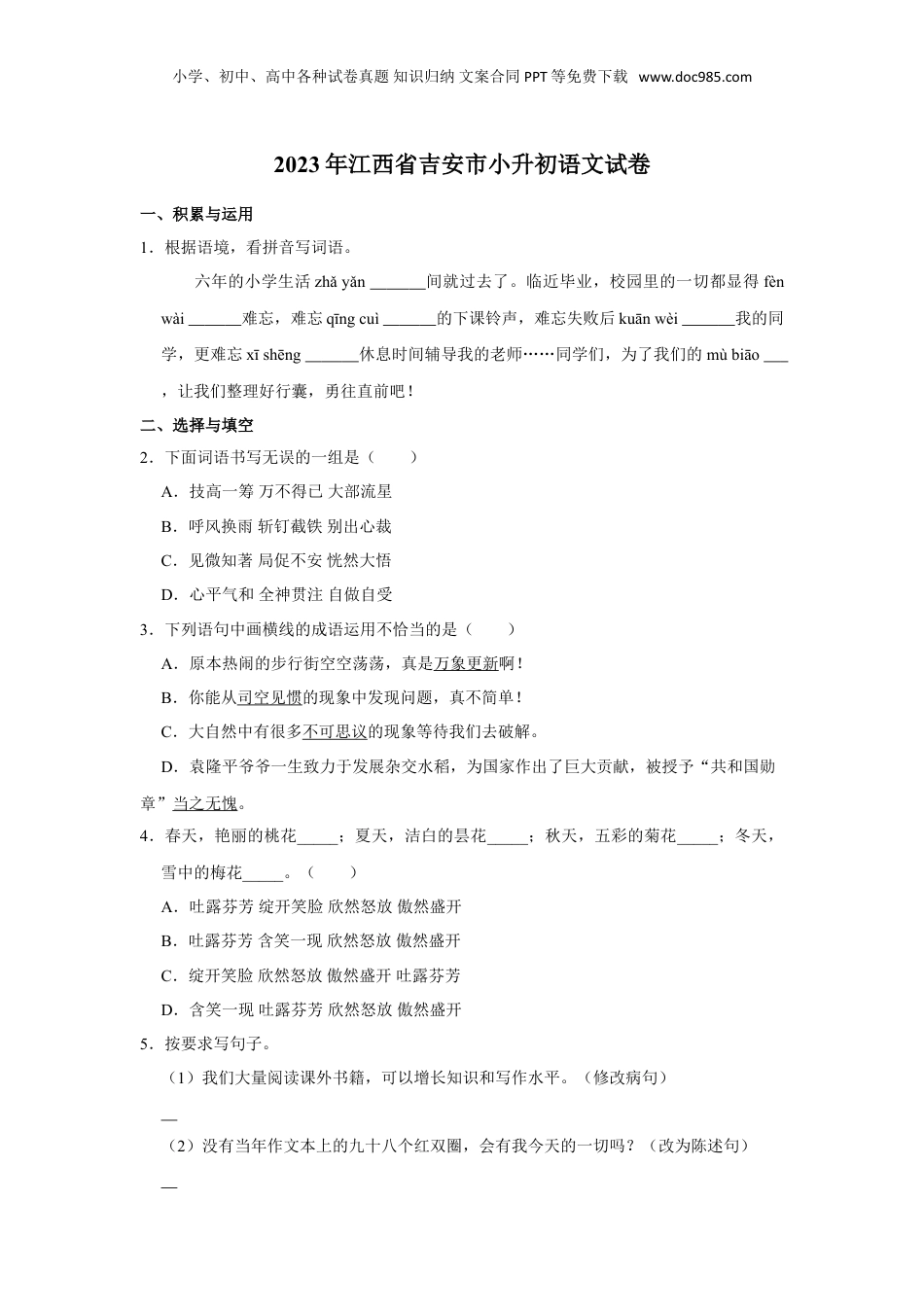 2023年江西省吉安市小升初语文试卷（有解析）.doc