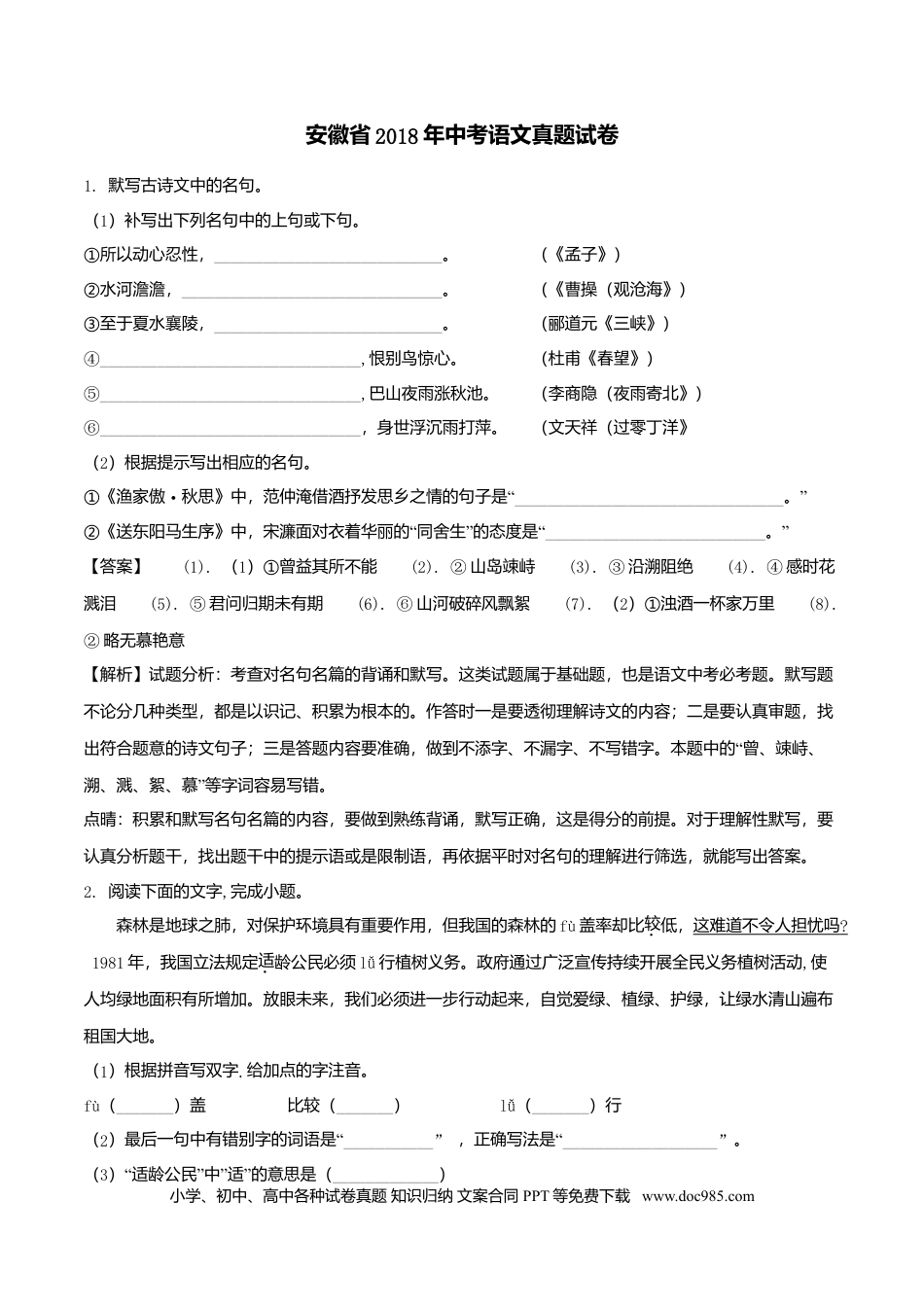 2018年安徽省中考语文真题（解析卷）.doc
