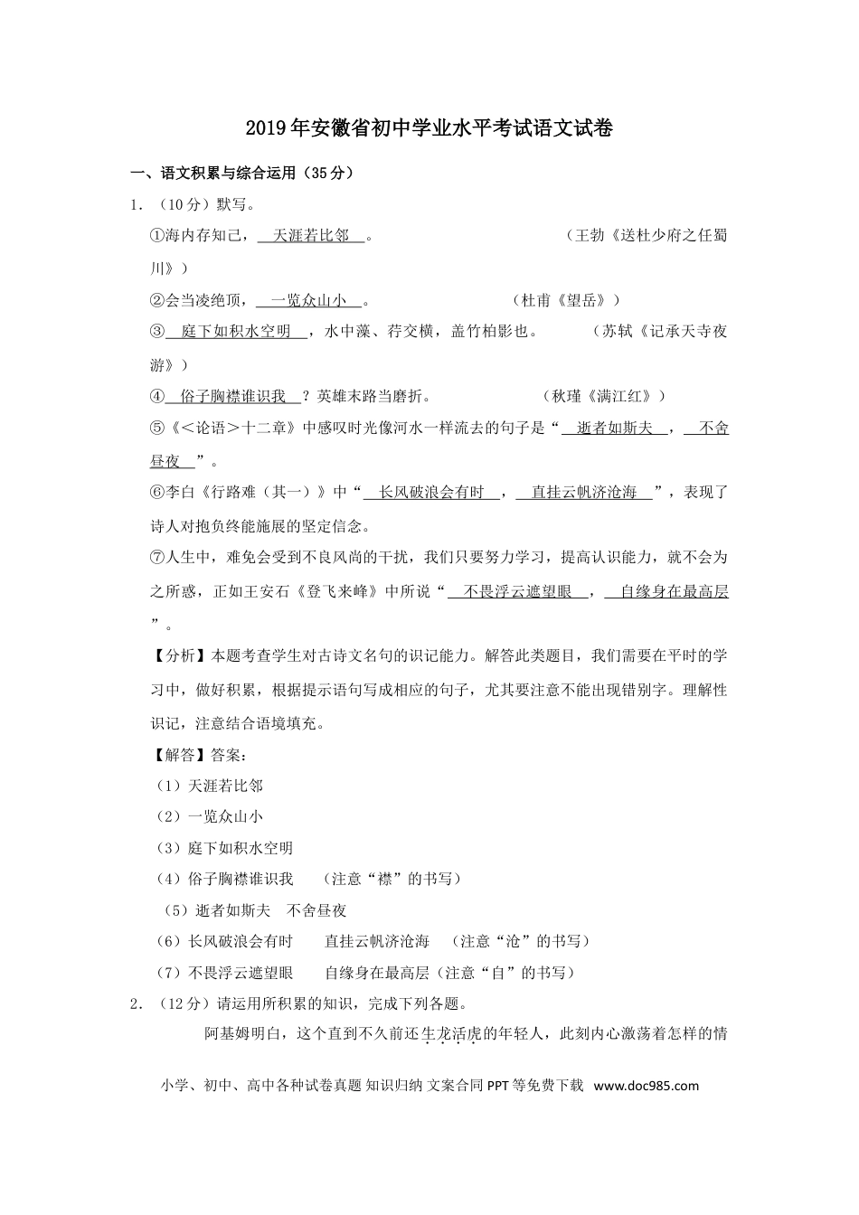2019年安徽省中考语文真题（解析卷）.doc