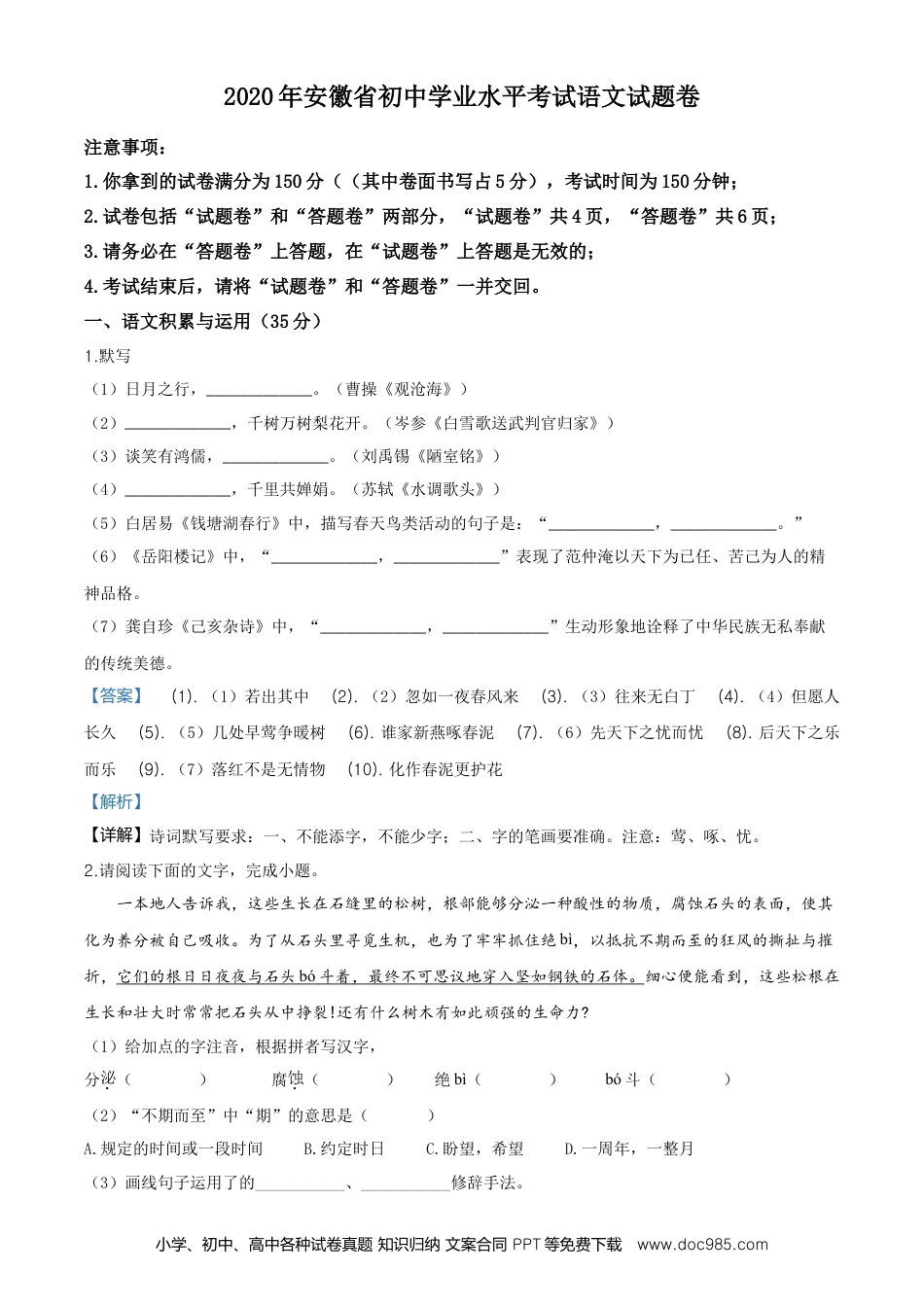 2020年安徽省中考语文真题（解析卷）.doc