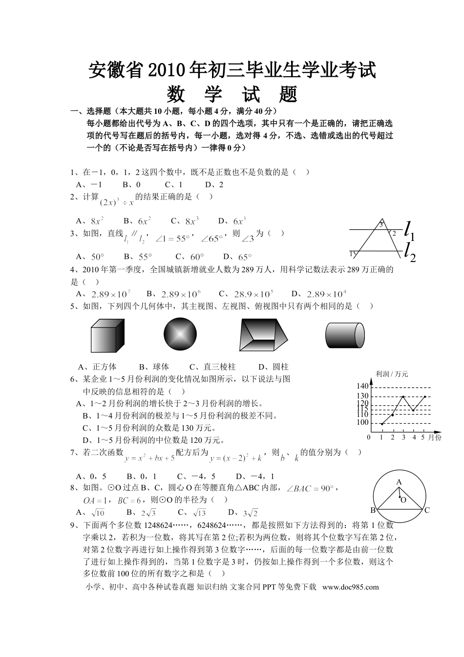 2010年安徽省中考数学真题及答案.doc