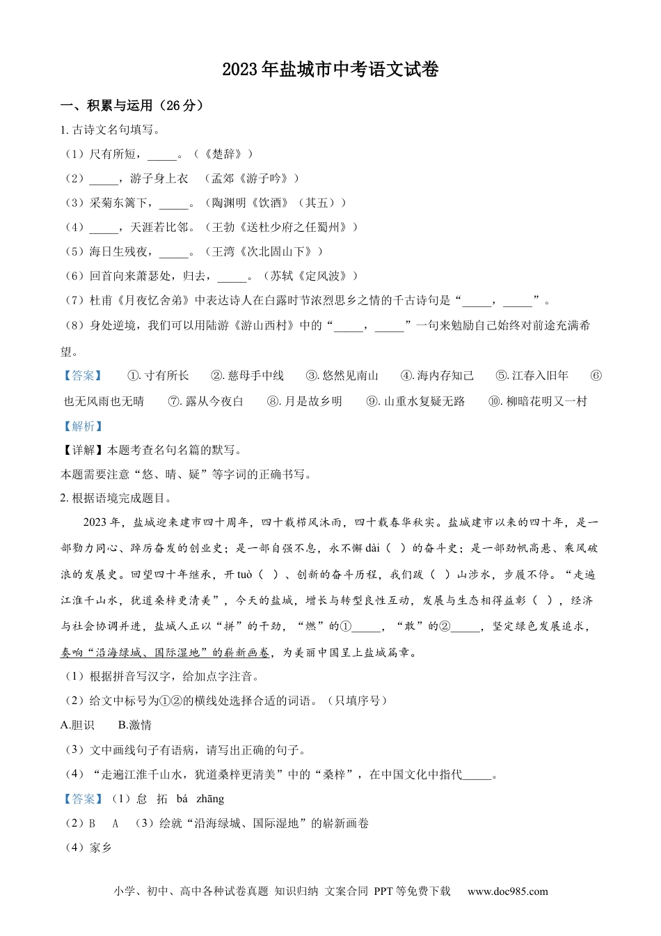 精品解析：2023年江苏省盐城市中考语文真题（解析版）.docx