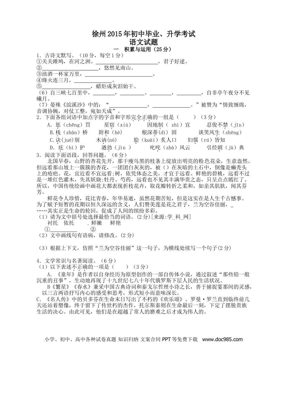 2015年江苏省徐州市中考语文试题及答案.doc