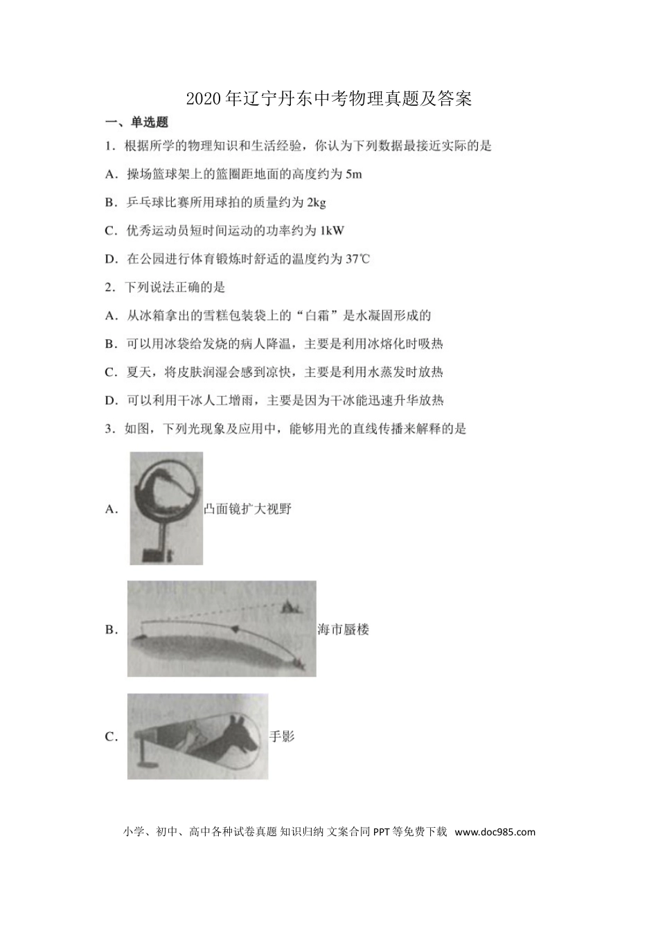 2020年辽宁丹东中考物理真题及答案.doc