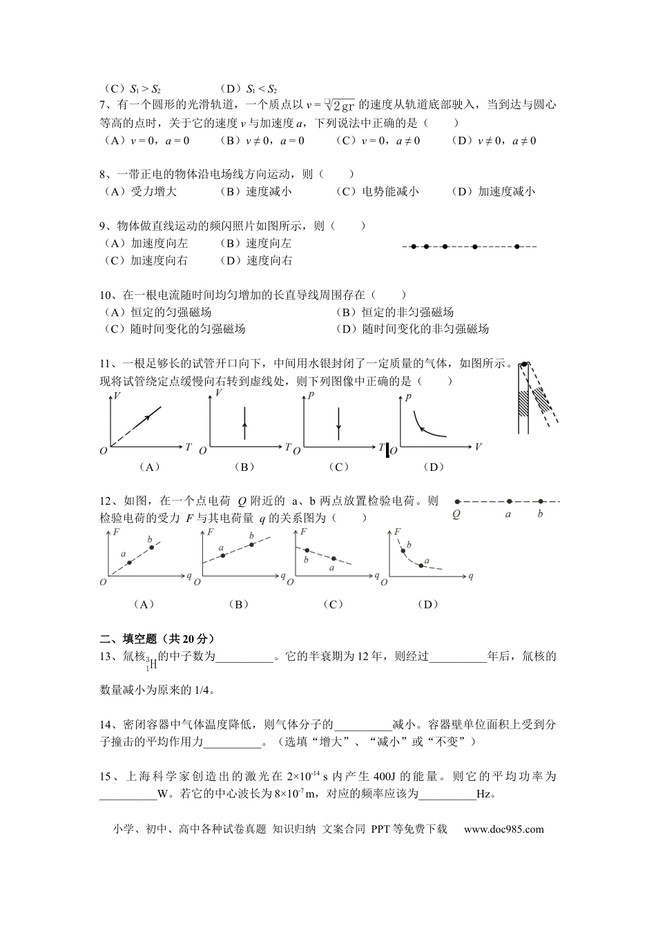 2021年上海高考物理真题（原卷版）.docx