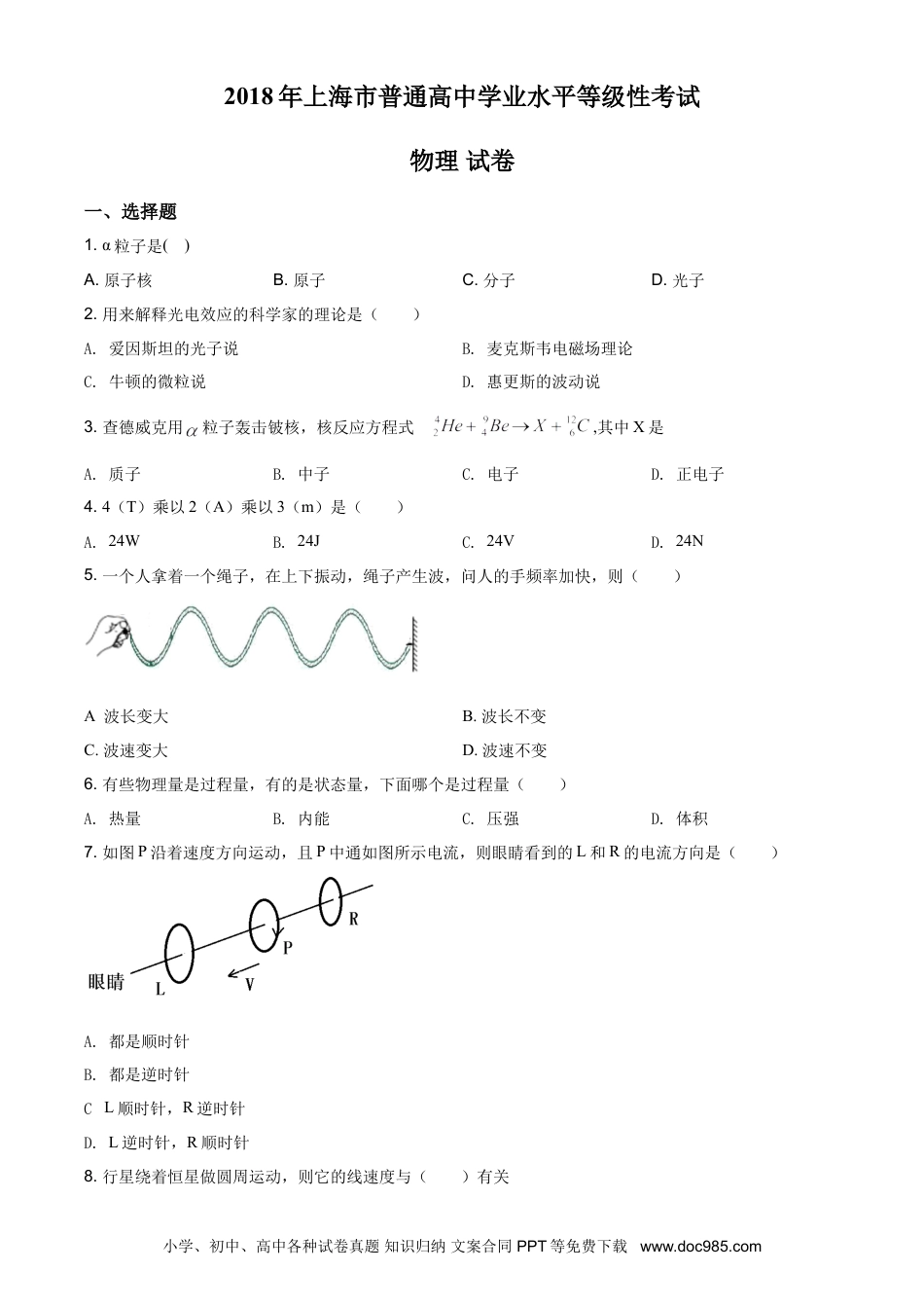 2018年上海高考物理真题（原卷版）.doc