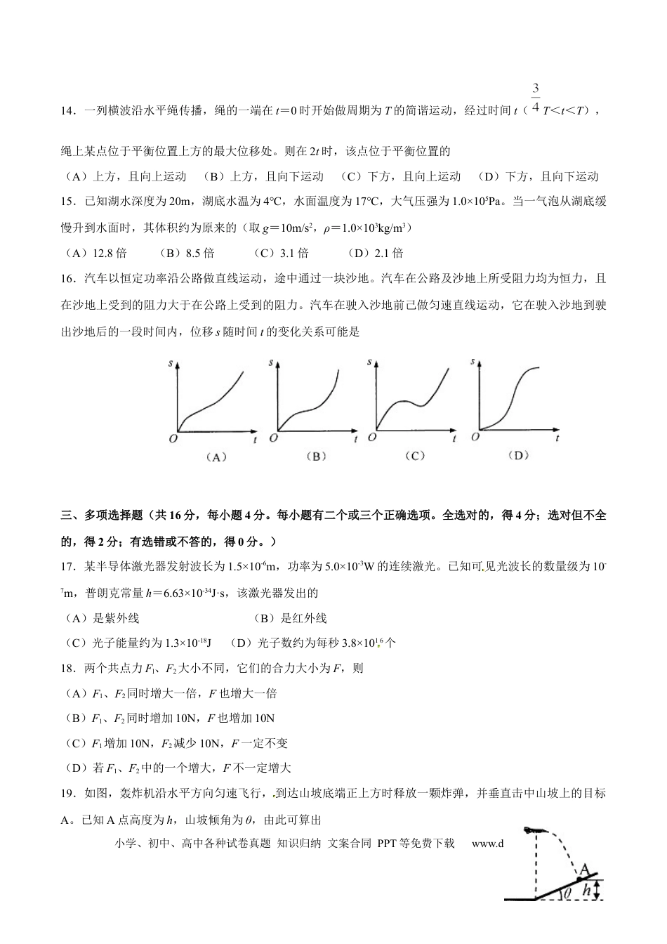 2013年上海高考物理真题（原卷版）.docx