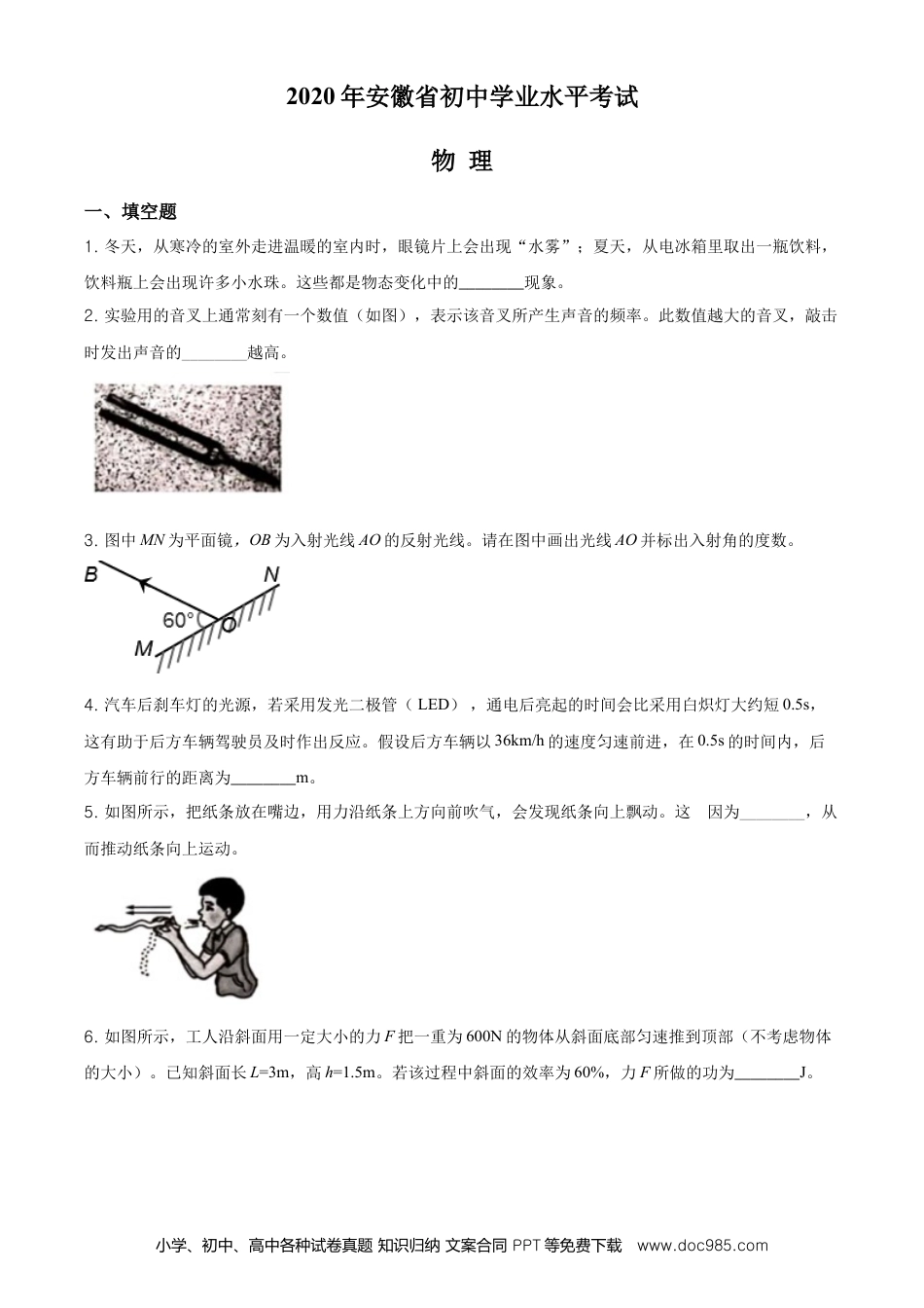 2020年安徽省中考物理真题（空白卷）.doc