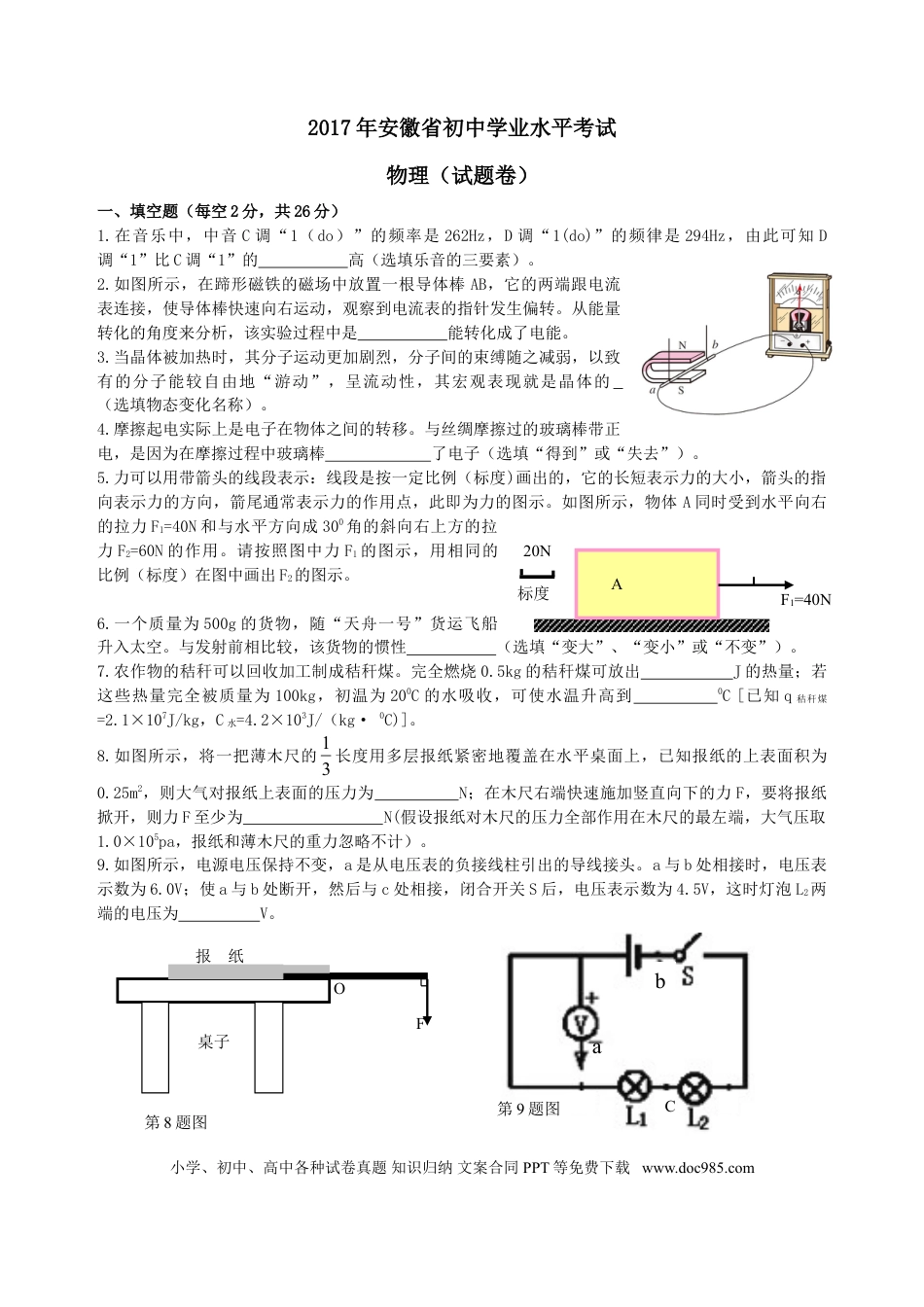 2017年安徽省中考物理真题（空白卷）.DOC