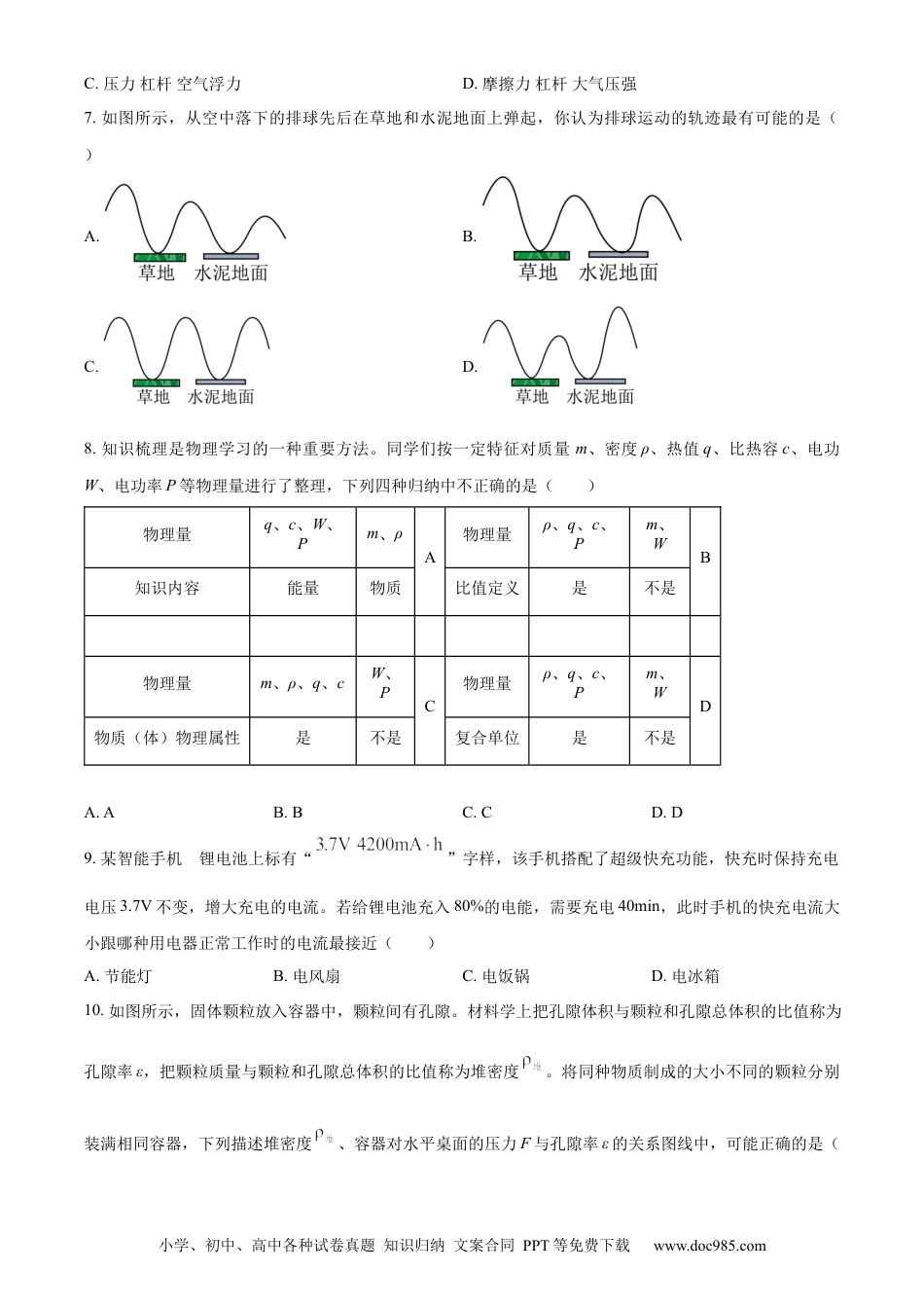 2023年江苏省南通市中考物理试题（原卷版）.docx