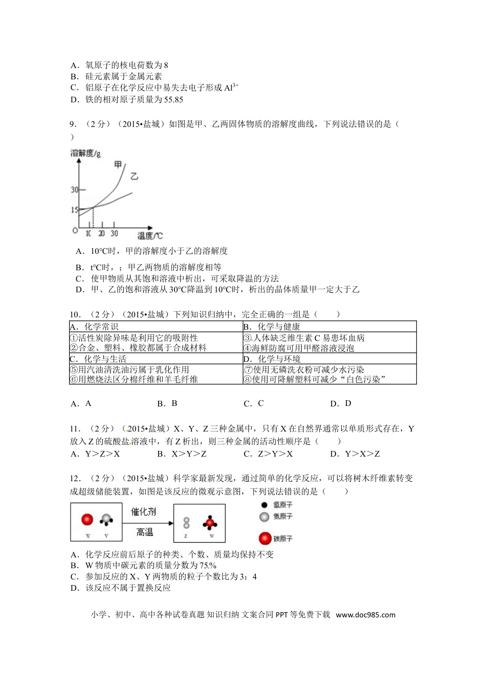 2015年盐城市中考化学试卷及答案(word版).doc