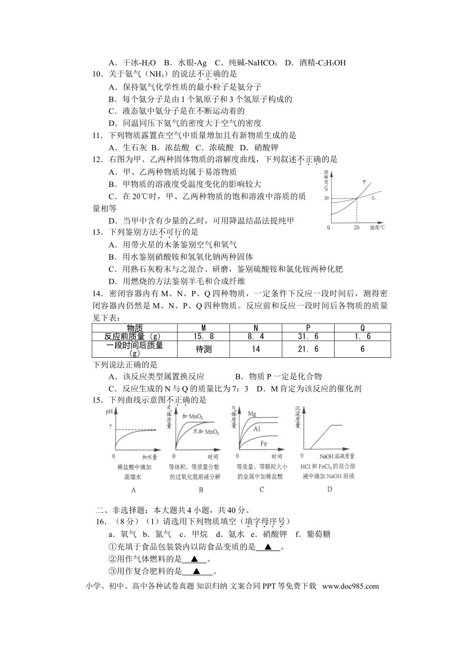 2010年盐城市中考化学试卷及答案(word版).doc